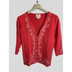 QUACKER FACTORY Linen Cotton Cardigan Sea Shell Red Embroidery Size Small